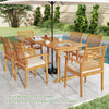 Acacia wood 7-piece patio dining set with slatted tabletop, ergonomic chairs, and umbrella hole, perfect for outdoor.