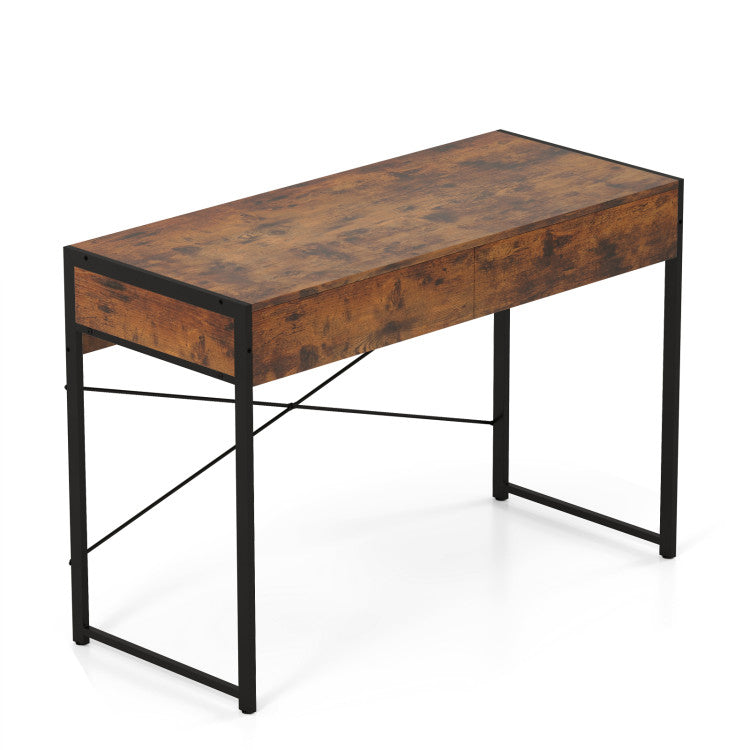 Home office desk with a wood top and black steel frame, featuring two drawers and open shelves for organized storage.