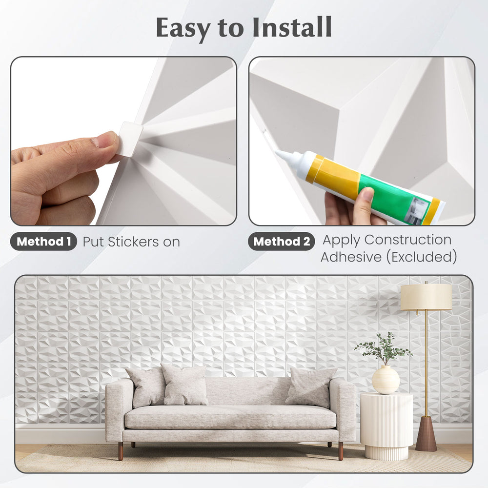 3D wall panels in white PVC, easy to install with peel-and-stick or adhesive, perfect for DIY home decoration.