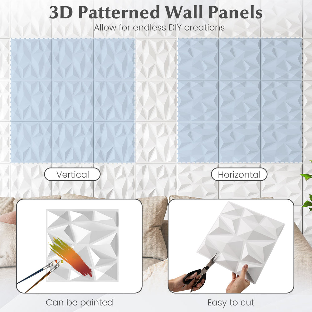 3D patterned white PVC wall panels in a 50-pack, easy to cut and paint, ideal for DIY interior decoration.