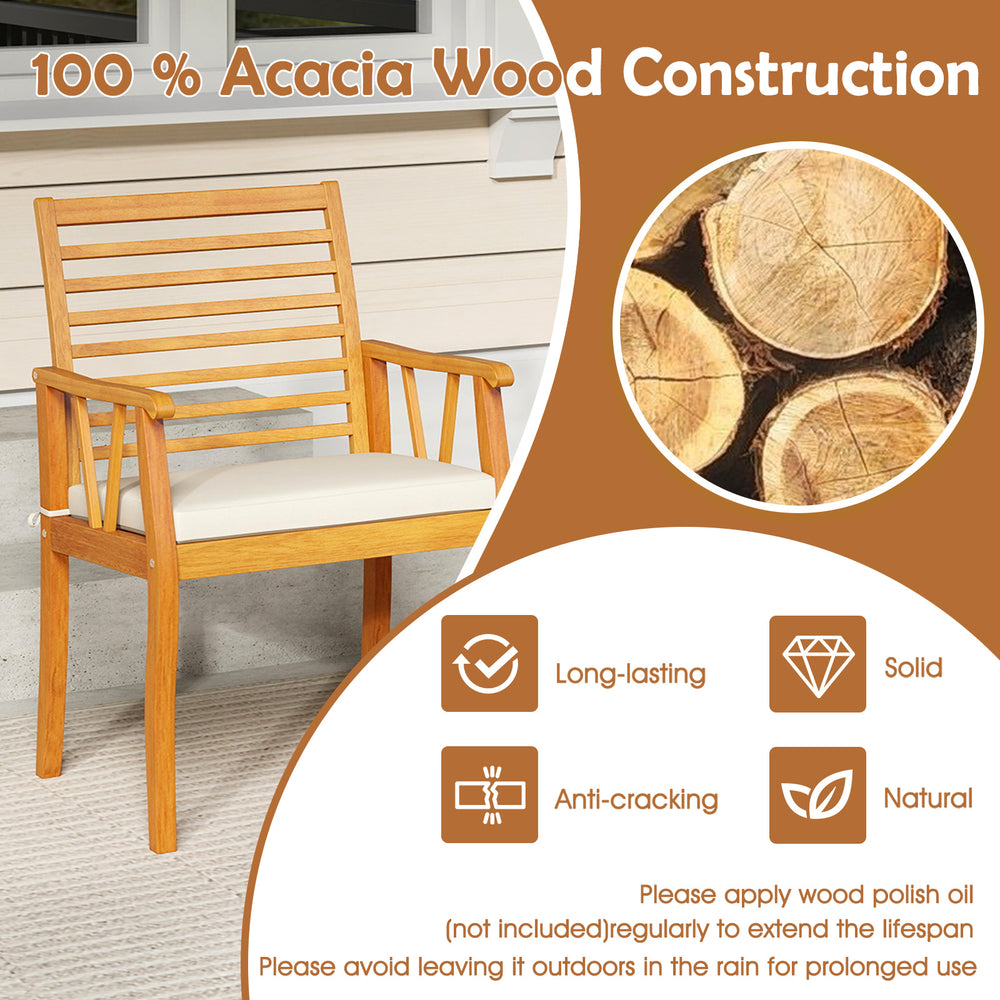 Acacia wood patio dining chair with slatted backrest and removable cushion, ideal for outdoor gatherings and comfort.