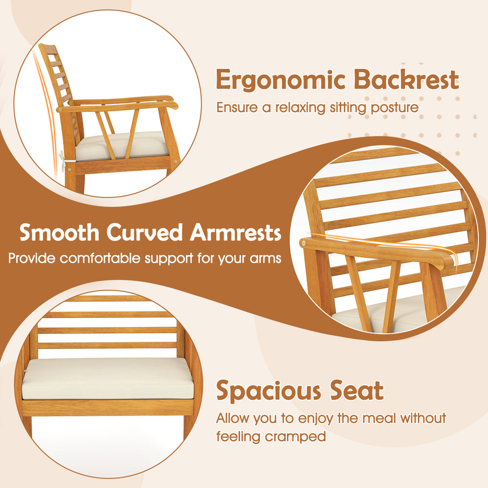 Ergonomic backrest and smooth curved armrests of the acacia wood patio dining set for comfortable outdoor dining.