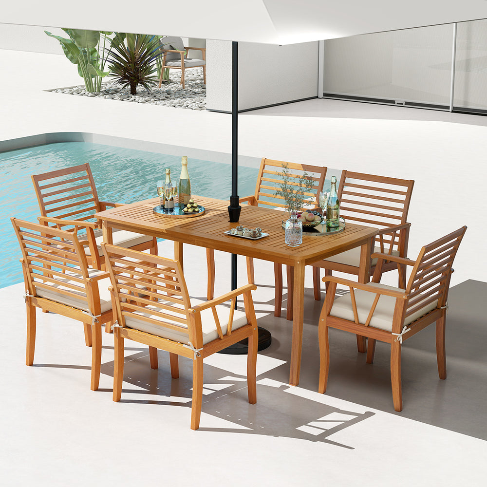 7-piece acacia wood patio dining set with padded cushions, featuring a spacious table and umbrella hole, ideal for.