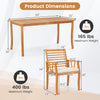 Dimensions of the 7 pieces acacia wood patio dining set, showcasing table and chair weight capacities for outdoor use.