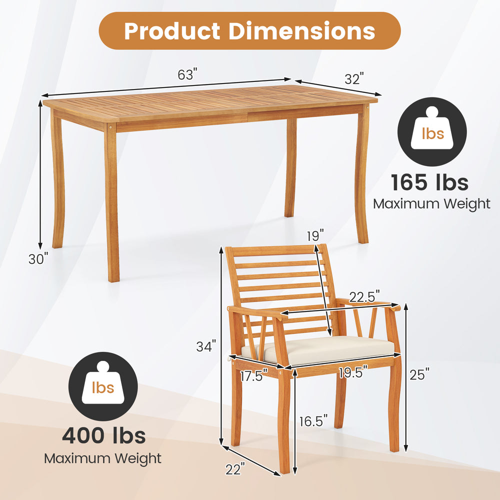 Dimensions of the 7 pieces acacia wood patio dining set, showcasing table and chair weight capacities for outdoor use.