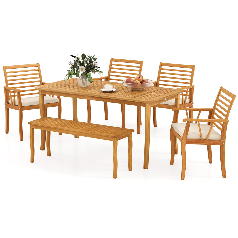 Acacia wood outdoor dining set with table, bench, and chairs, featuring a 1.97-inch umbrella hole for patio use.