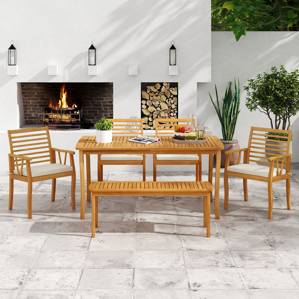 Acacia wood outdoor table and bench chairs set with cushions, featuring a 1.97" umbrella hole, ideal for patio.