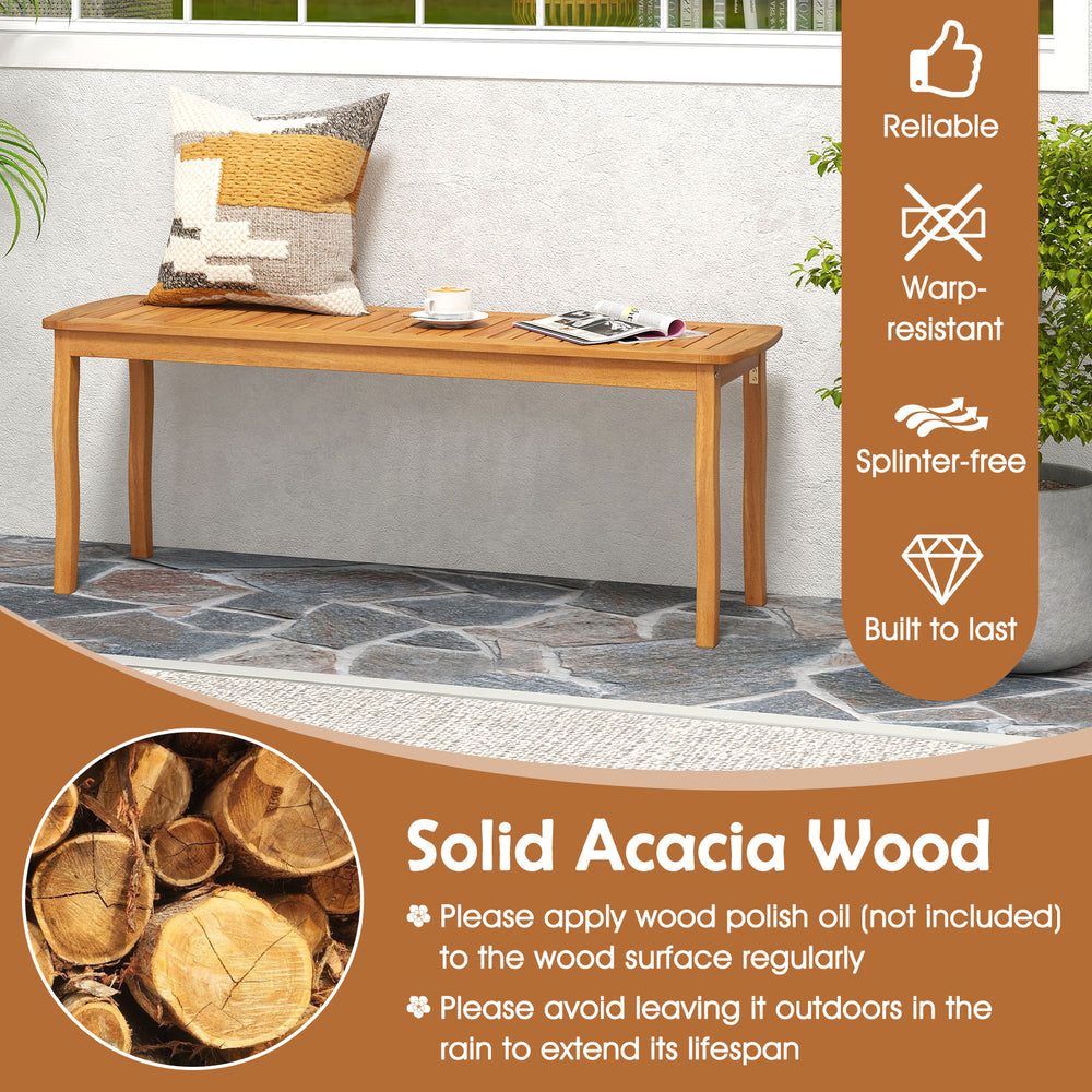 Acacia wood outdoor table and bench set with 1.97" umbrella hole, designed for durability and comfort in outdoor spaces.