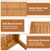 Detail of the acacia wood outdoor table and bench chairs set showcasing slatted design and safe round corners for.