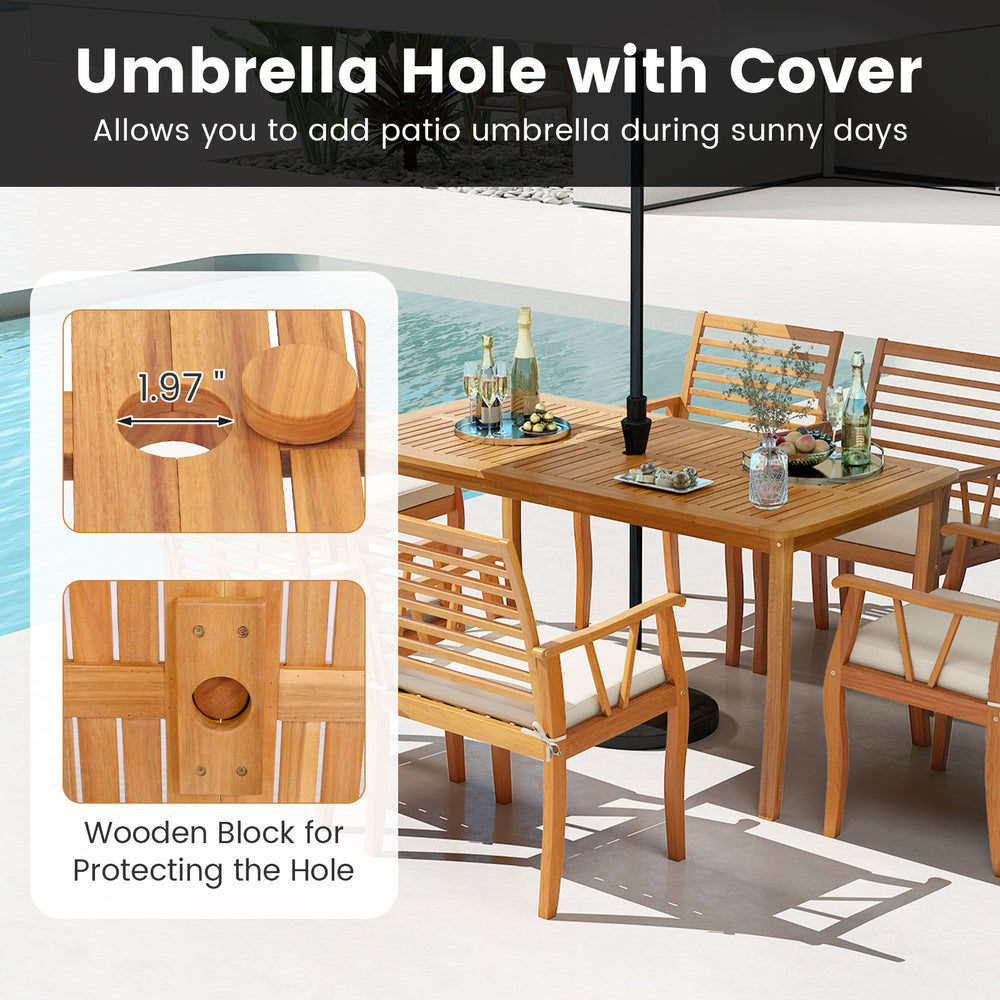 Acacia wood outdoor table with 1.97-inch umbrella hole, perfect for patio gatherings and enhancing outdoor comfort.