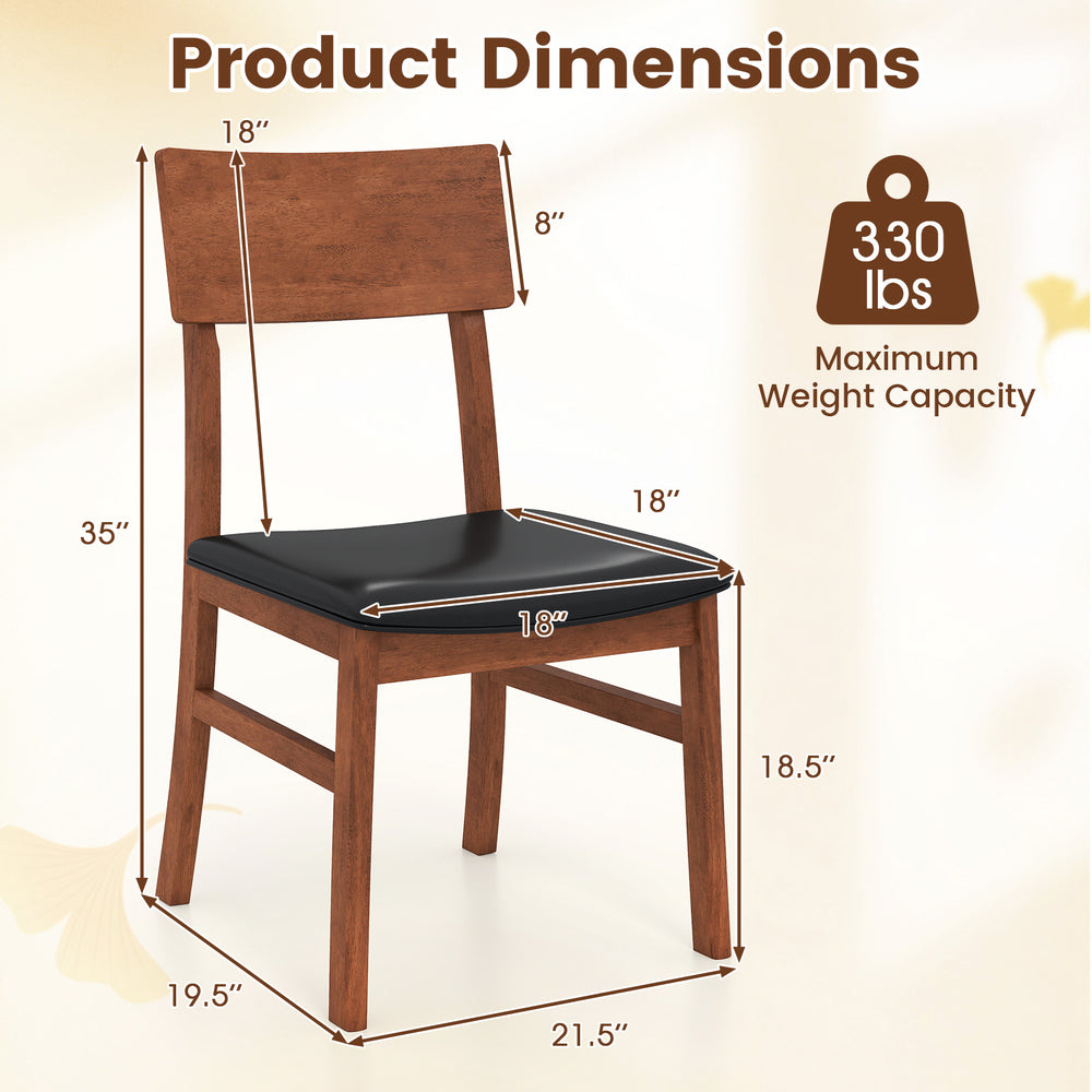 Dining chair dimensions with rubber wood legs and faux leather seat, supports up to 330 lbs, ideal for dining or study.
