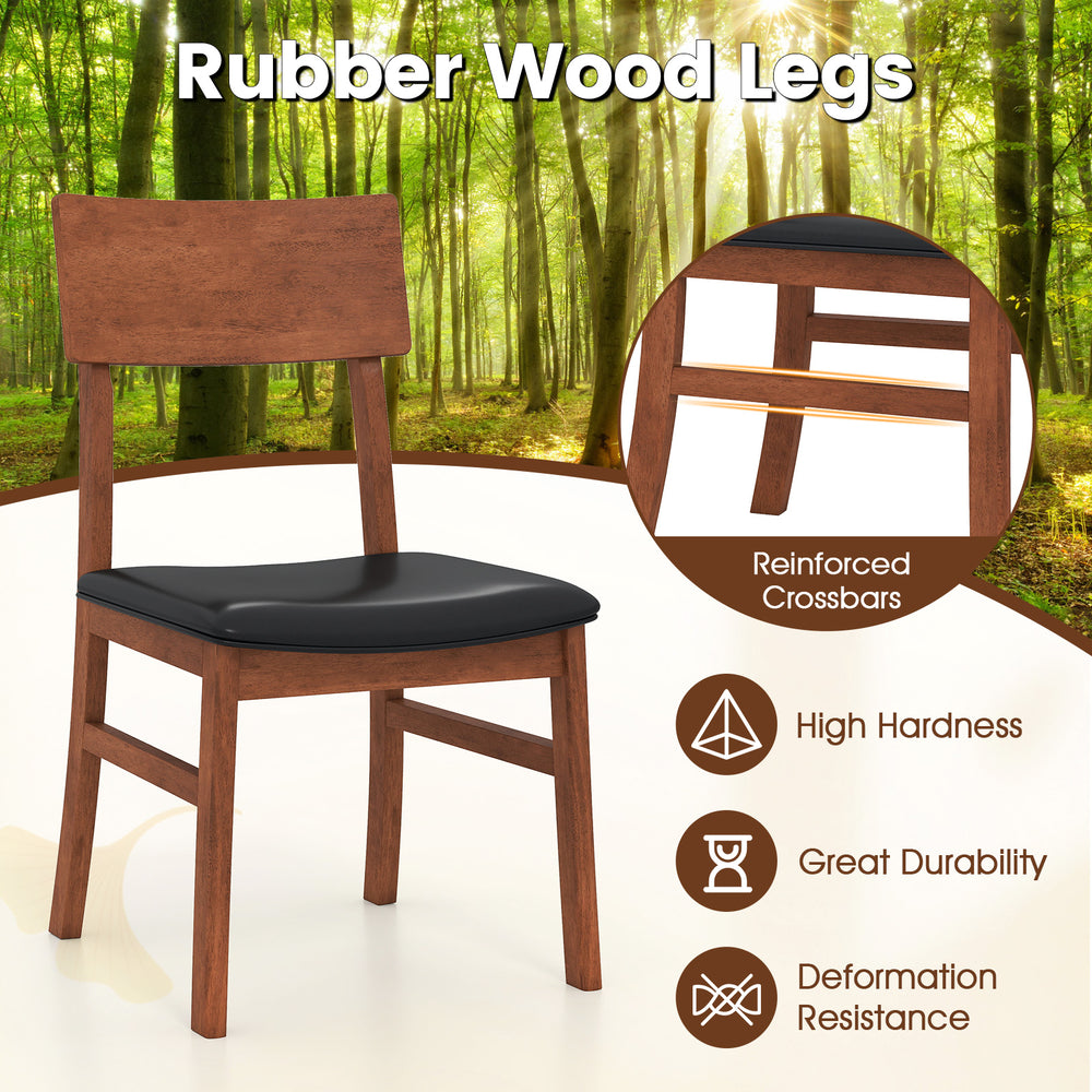 Dining chair with rubber wood legs and faux leather seat, featuring ergonomic backrest and reinforced crossbars for.