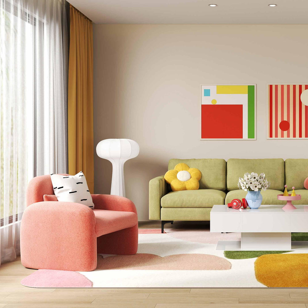 Accent chair in pink sherpa fabric, part of a deluxe living room furniture set with modular sectional sofa and LED.