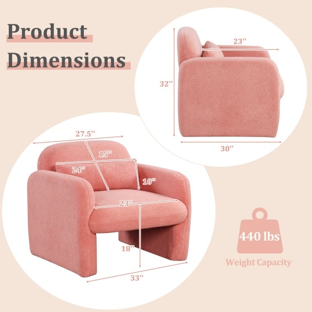Accent chair in pink sherpa fabric with ergonomic design, supporting up to 440 lbs, ideal for living room comfort.