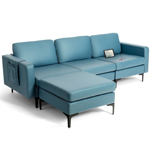 Modular L-shaped sectional sofa in blue with thick cushions and reversible chaise, perfect for stylish living room.