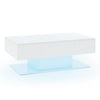 LED coffee table with high-gloss white finish, featuring push-to-open drawers and adjustable colors for modern living.
