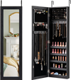 Jewelry cabinet with full-length mirror, black finish, wall or door mounted, featuring velvet lining and large capacity.