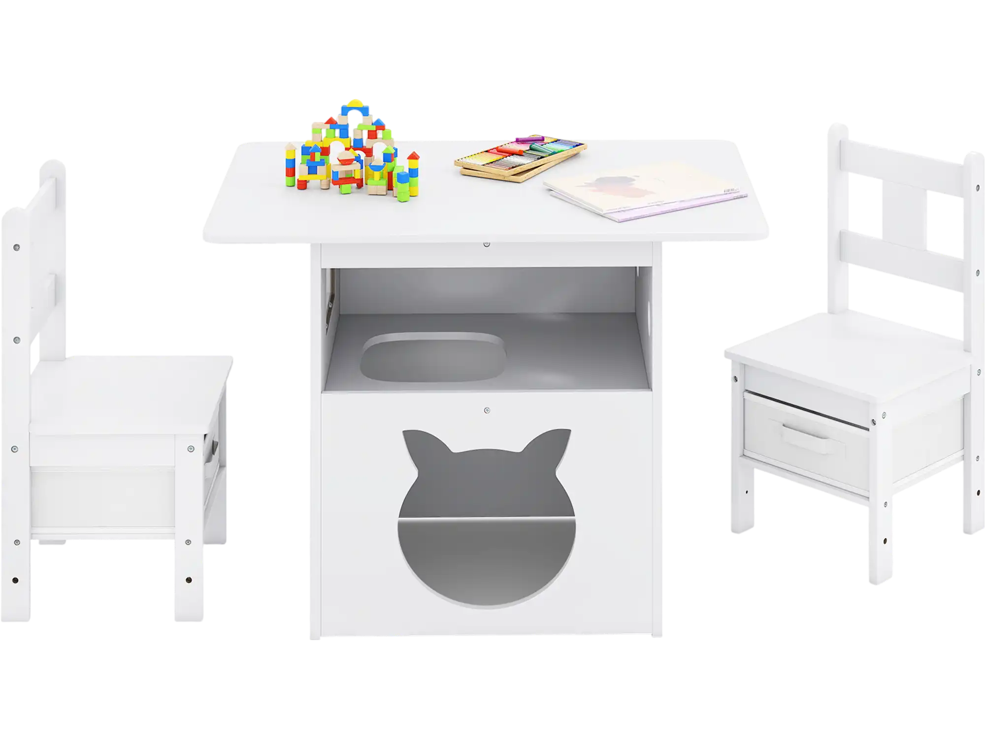 Costway Kids Table and Chairs Set Wooden Cat House 3-Piece 86090233 New