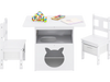 Kids table and chairs set in white with cat house storage, perfect for drawing, reading, and organizing toys.