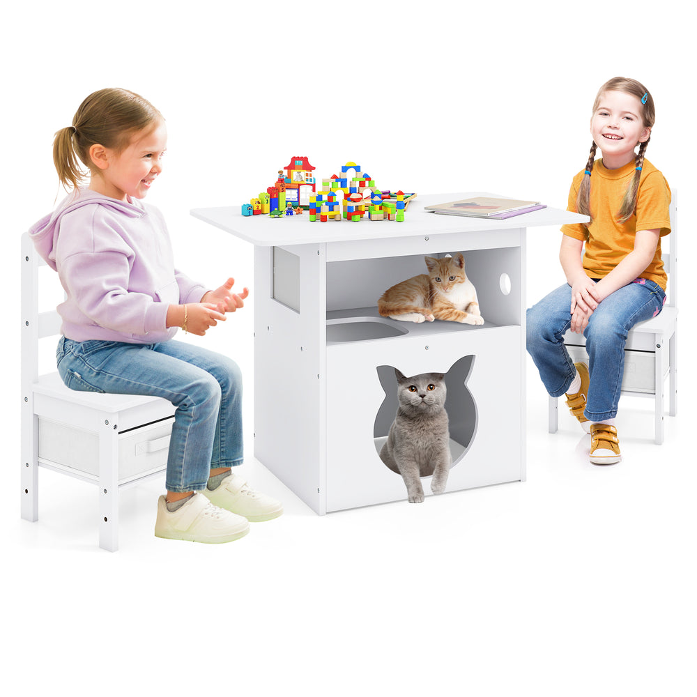 Children enjoying a white kids table and chairs set with a cat house, perfect for playtime and cozy seating.