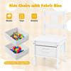 Kids table and chair set with white finish, featuring detachable storage bins for organizing toys and snacks.