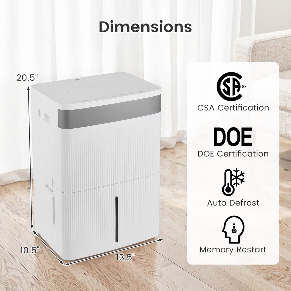 96 pints dehumidifier in white with 24-hour timer, smart touch control, and 3-color humidity indicator for home use.
