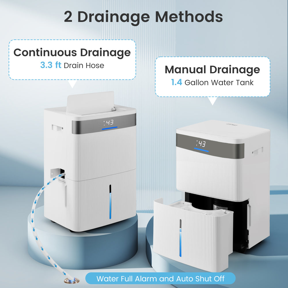 Dehumidifier showing two drainage methods: continuous hose and manual tank, featuring a smart control panel and large.