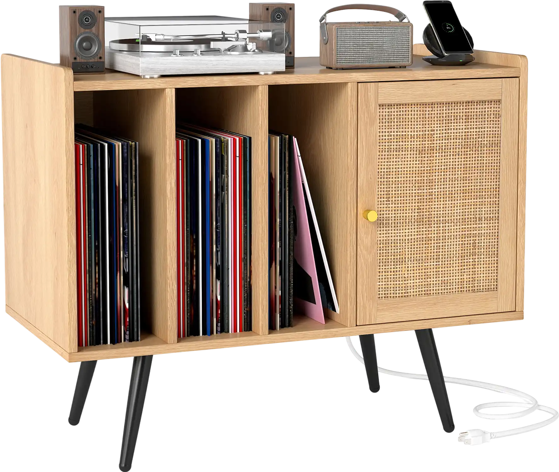 Costway Record Player Stand Charging Station Rattan Cabinet Side Table 96381795 New