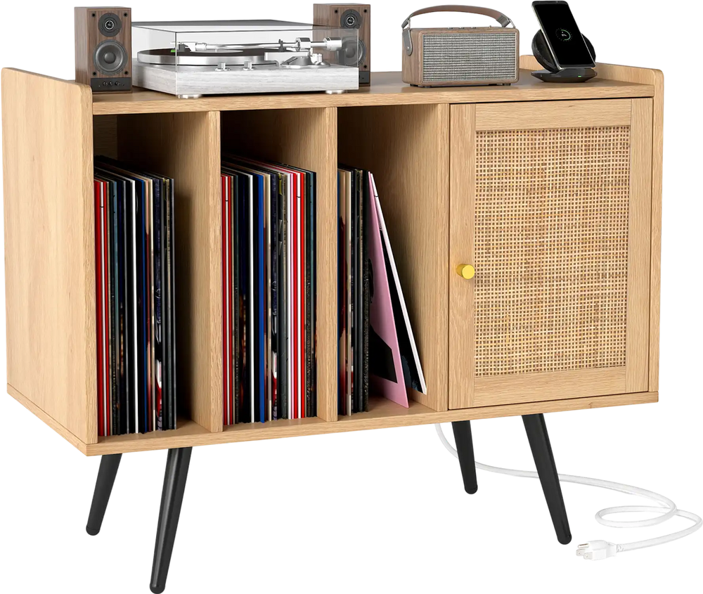 Record player stand in natural wood with rattan cabinet, featuring storage for vinyl records and charging station.