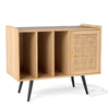 Record player stand with rattan cabinet, natural wood finish, featuring 3 compartments and charging station for living.