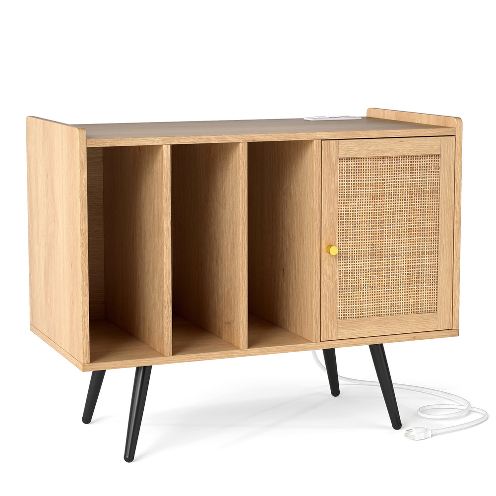 Record player stand with rattan cabinet, natural wood finish, featuring 3 compartments and charging station for living.