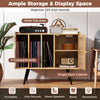 Record player stand with rattan cabinet, featuring wide top area, 3 compartments, and charging station for living room.