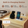 Record player stand featuring a built-in charging station with 2 AC outlets and 2 USB ports for convenient device.