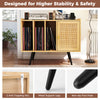Record player stand with rattan cabinet, featuring adjustable shelves, charging station, and anti-toppling kits for.