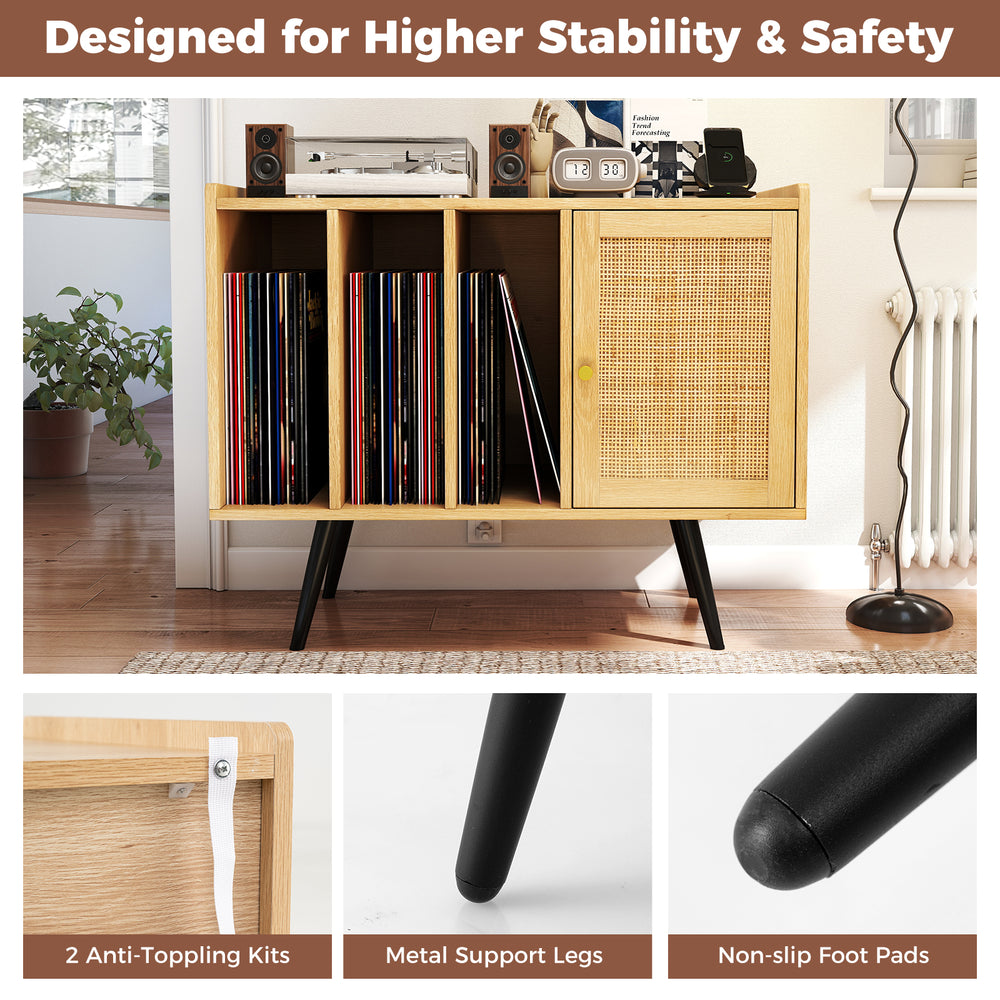 Record player stand with rattan cabinet, featuring adjustable shelves, charging station, and anti-toppling kits for.