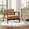 Beige rubber wood frame accent chair with armrests, featuring button tufting, ideal for living room relaxation.