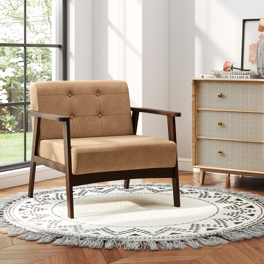 Beige rubber wood frame accent chair with armrests, featuring button tufting, ideal for living room relaxation.