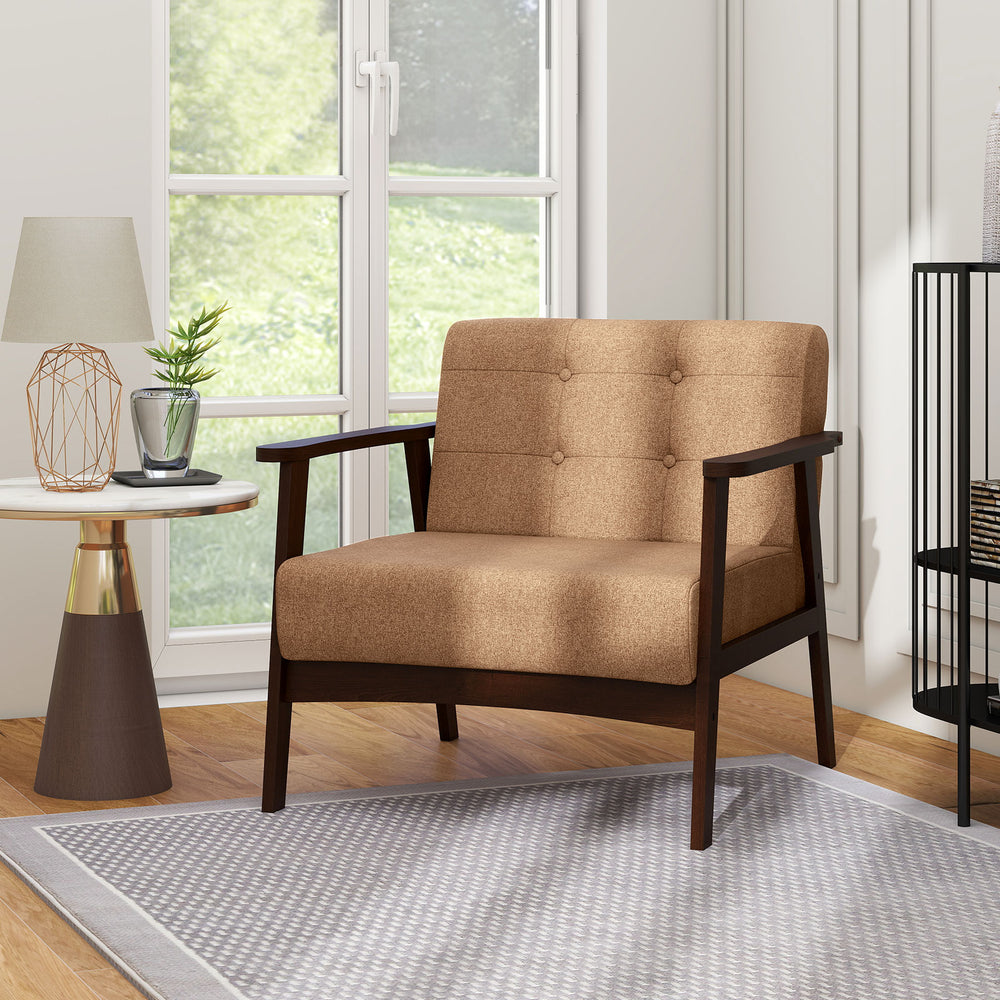 Beige accent chair with rubber wood frame and high-density foam, designed for comfort in living rooms or home offices.
