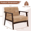 Beige rubber wood frame accent chair with armrests, featuring button tufting and dimensions for living room use.