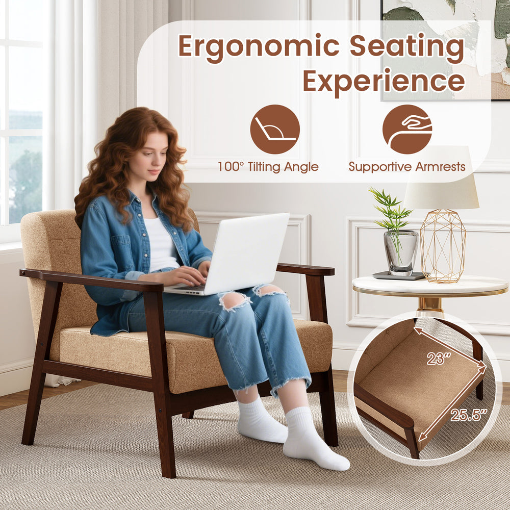 Accent chair with rubber wood frame, supportive armrests, and 100° reclined backrest for living room comfort.
