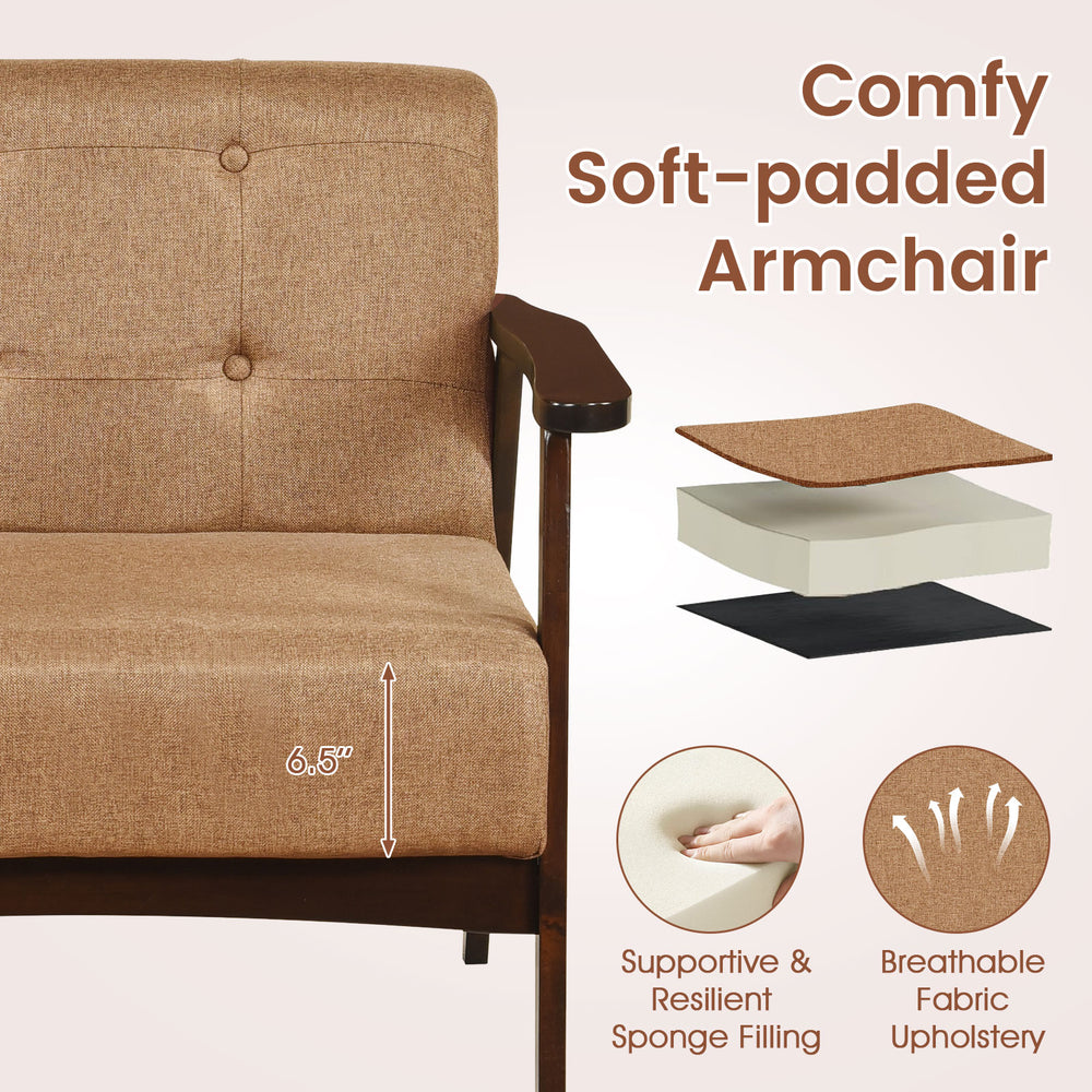 Beige rubber wood frame accent chair with supportive armrests and button tufting, perfect for living rooms or home.