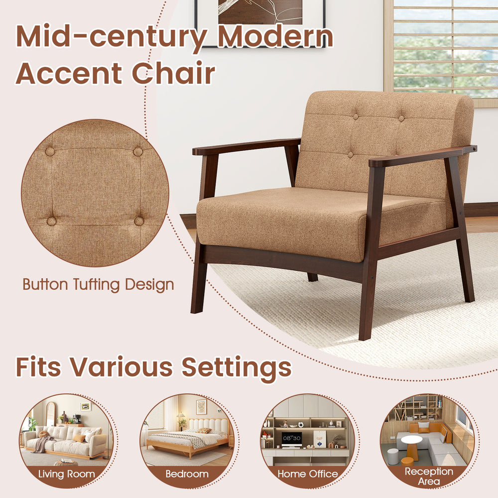 Beige mid-century modern accent chair with rubber wood frame, button tufting, ideal for living rooms and home offices.