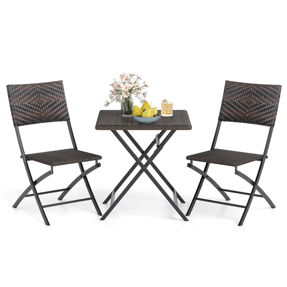 3-piece outdoor bistro set featuring folding chairs and a table made of mixed brown PE rattan for space-saving dining.