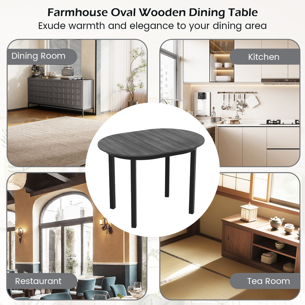 Oval wooden dining table in dark grey finish with rubber wood legs, perfect for 2-4 people in dining rooms or kitchens.