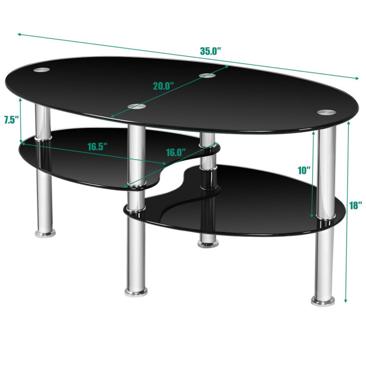 Tempered glass oval coffee table with metal legs, featuring two shelves, perfect for living rooms or studies.