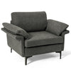 Upholstered accent chair in dark gray fabric with arm cushions and metal legs, ideal for modern living rooms.