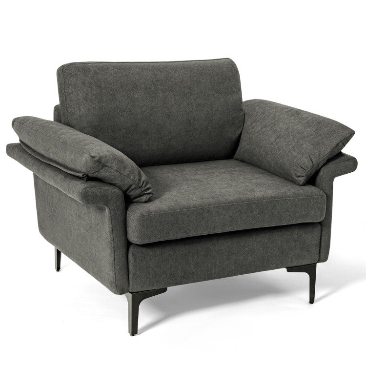 Upholstered accent chair in dark gray fabric with arm cushions and metal legs, ideal for modern living rooms.