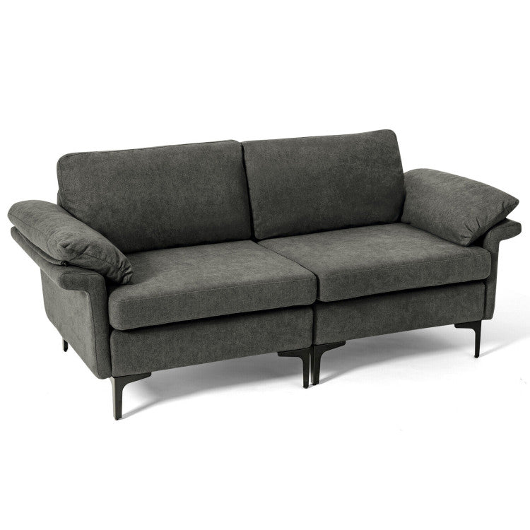 Compact modern fabric loveseat sofa in dark gray with soft cushions, perfect for cozy living room seating.