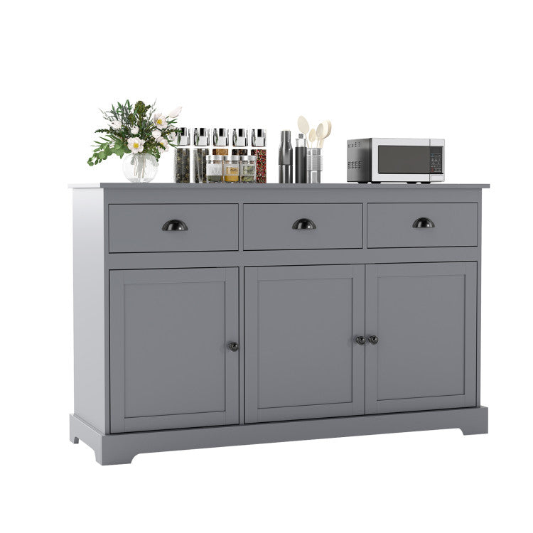 Gray sideboard buffet storage with three drawers and cabinets, perfect for dining room organization and style.
