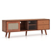 TV stand with rattan and glass doors, two drawers, and adjustable shelf for stylish living room storage.